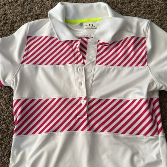 Under Armour Polo Shirt Size Medium Pink White Golf - Picture 3 of 6